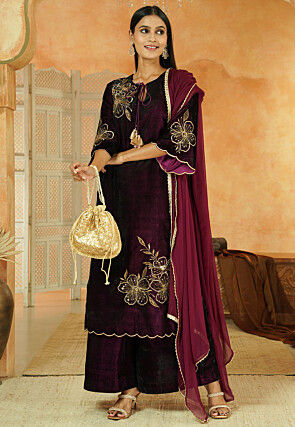 Embroidered Velvet Pakistani Suit in Dark Purple