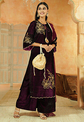 Embroidered Velvet Pakistani Suit in Dark Purple