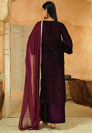 Embroidered Velvet Pakistani Suit in Dark Purple