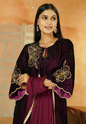 Embroidered Velvet Pakistani Suit in Dark Purple