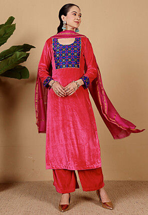 Embroidered Velvet Pakistani Suit in Fuchsia