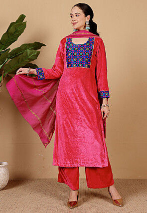 Embroidered Velvet Pakistani Suit in Fuchsia