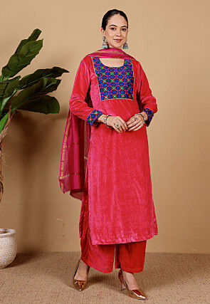 Embroidered Velvet Pakistani Suit in Fuchsia