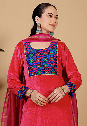 Embroidered Velvet Pakistani Suit in Fuchsia