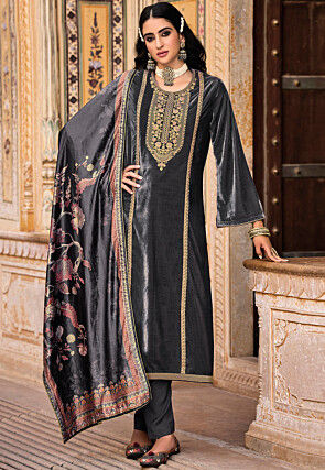 Embroidered Velvet Pakistani Suit in Grey