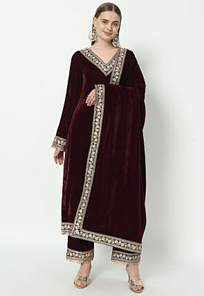 Embroidered Velvet Pakistani Suit in in Wine