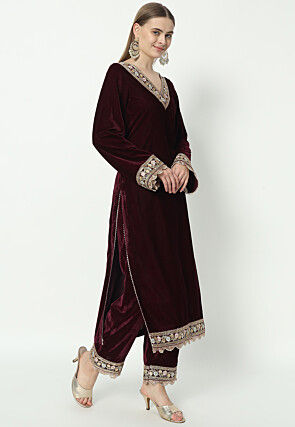 Embroidered Velvet Pakistani Suit in in Wine