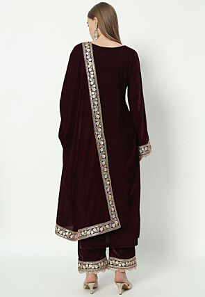 Embroidered Velvet Pakistani Suit in in Wine