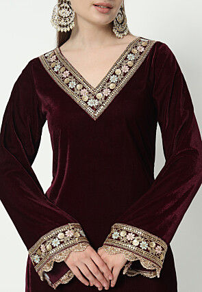 Embroidered Velvet Pakistani Suit in in Wine