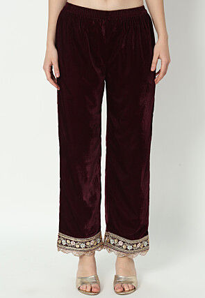 Embroidered Velvet Pakistani Suit in in Wine