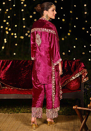 Embroidered Velvet Pakistani Suit in Magenta