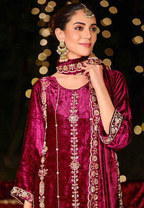 Embroidered Velvet Pakistani Suit in Magenta