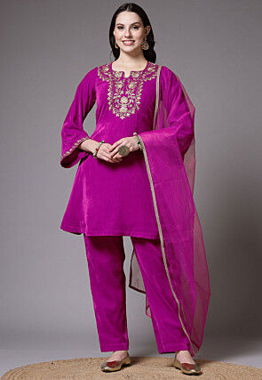 Embroidered Velvet Pakistani Suit in Magenta