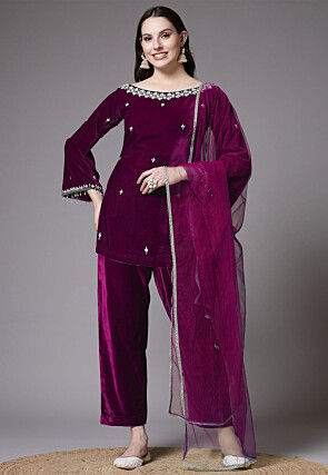 Embroidered Velvet Pakistani Suit in Magenta