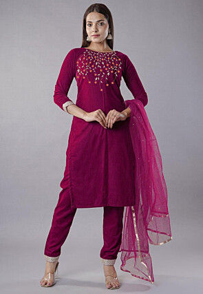 Embroidered Velvet Pakistani Suit in Magenta