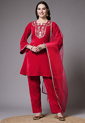 Embroidered Velvet Pakistani Suit in Magenta