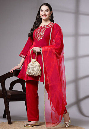 Embroidered Velvet Pakistani Suit in Magenta