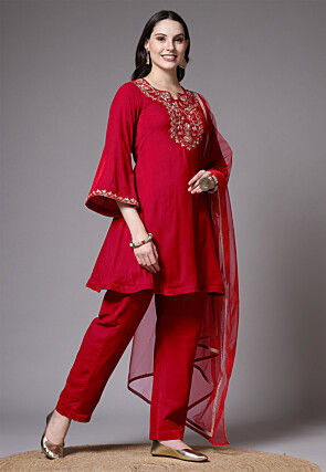 Embroidered Velvet Pakistani Suit in Magenta