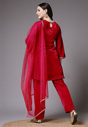 Embroidered Velvet Pakistani Suit in Magenta
