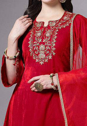 Embroidered Velvet Pakistani Suit in Magenta