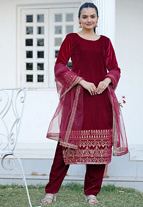 Embroidered Velvet Pakistani Suit in Maroon