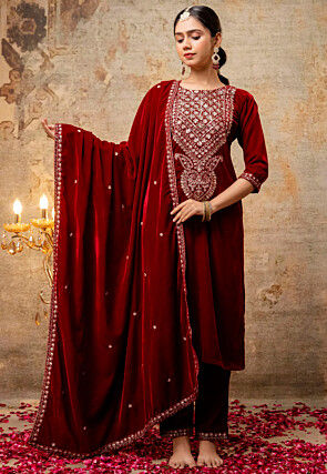 Embroidered Velvet Pakistani Suit in Maroon