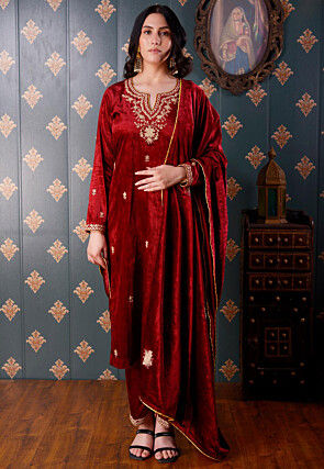 Embroidered Velvet Pakistani Suit in Maroon