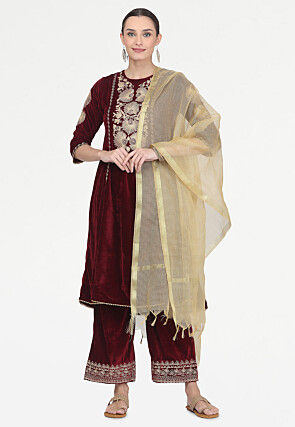 Embroidered Velvet Pakistani Suit in Maroon