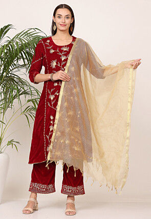 Embroidered Velvet Pakistani Suit in Maroon