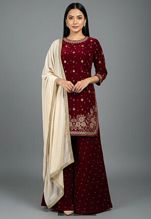 Embroidered Velvet Pakistani Suit in Maroon
