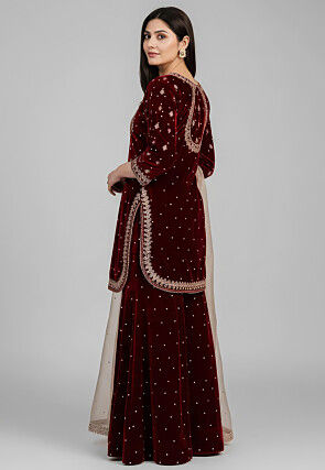 Embroidered Velvet Pakistani Suit in Maroon