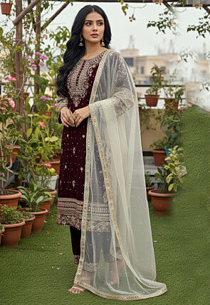 Embroidered Velvet Pakistani Suit in Maroon