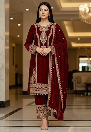 Embroidered Velvet Pakistani Suit in Maroon