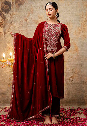 Embroidered Velvet Pakistani Suit in Maroon