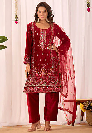 Embroidered Velvet Pakistani Suit in Maroon