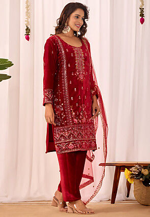 Embroidered Velvet Pakistani Suit in Maroon