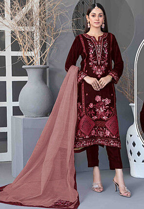 Embroidered Velvet Pakistani Suit in Maroon