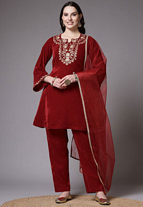 Embroidered Velvet Pakistani Suit in Maroon