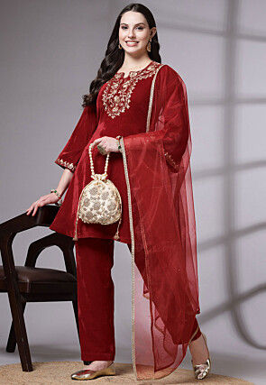 Embroidered Velvet Pakistani Suit in Maroon