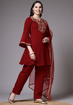 Embroidered Velvet Pakistani Suit in Maroon