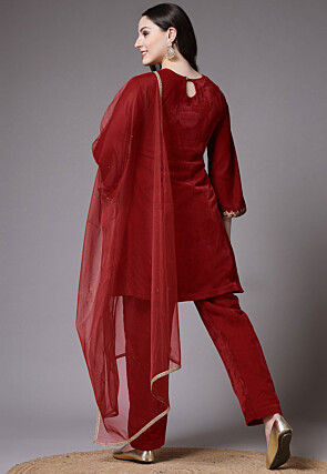 Embroidered Velvet Pakistani Suit in Maroon