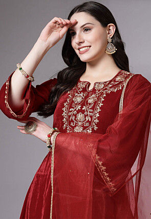 Embroidered Velvet Pakistani Suit in Maroon