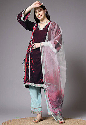 Embroidered Velvet Pakistani Suit in Maroon