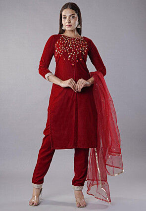 Embroidered Velvet Pakistani Suit in Maroon