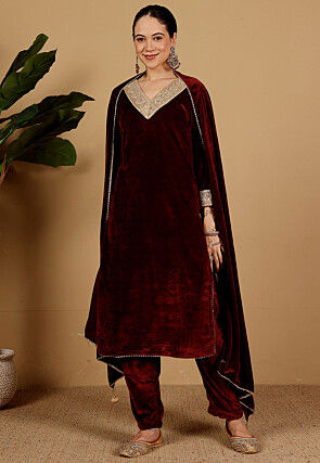 Embroidered Velvet Pakistani Suit in Maroon
