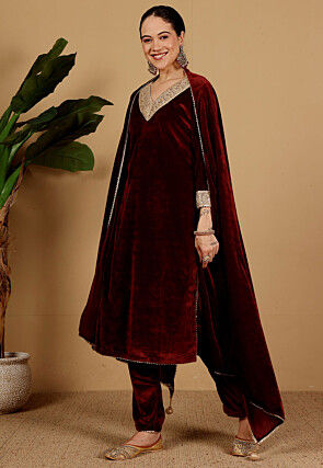 Embroidered Velvet Pakistani Suit in Maroon