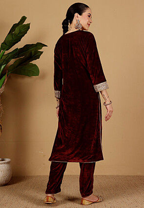 Embroidered Velvet Pakistani Suit in Maroon