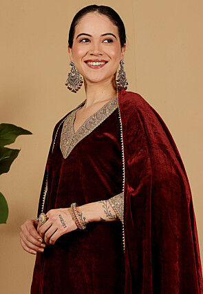 Embroidered Velvet Pakistani Suit in Maroon