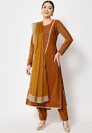 Embroidered Velvet Pakistani Suit in Mustard