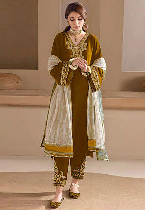 Yellow - Velvet - Salwar Kameez: Buy Designer Indian Suits for Women Online  | Utsav Fashion